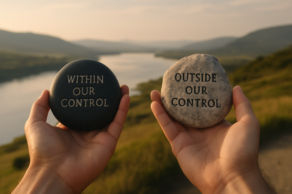 A photorealistic illustration of a person standing at the edge of a calm landscape, holding a glowing sphere while releasing another into the sky, symbolizing the Stoic distinction between what we can control and what we must let go.