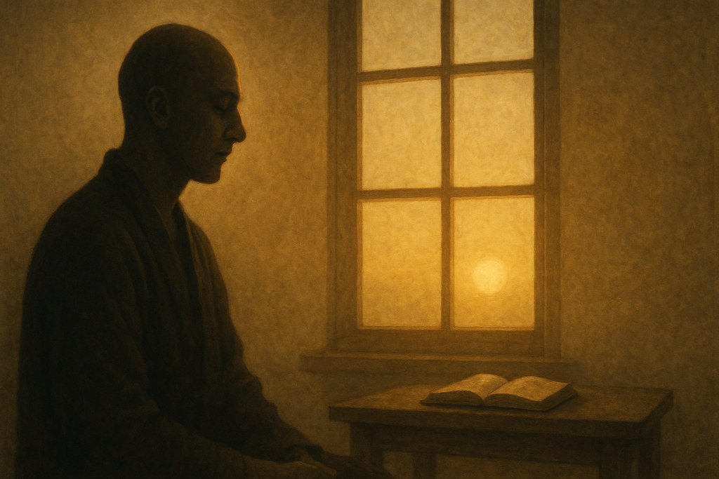 Calm sunrise scene of a person meditating beside a window, with warm golden light filling the room and an open book resting on a wooden table.