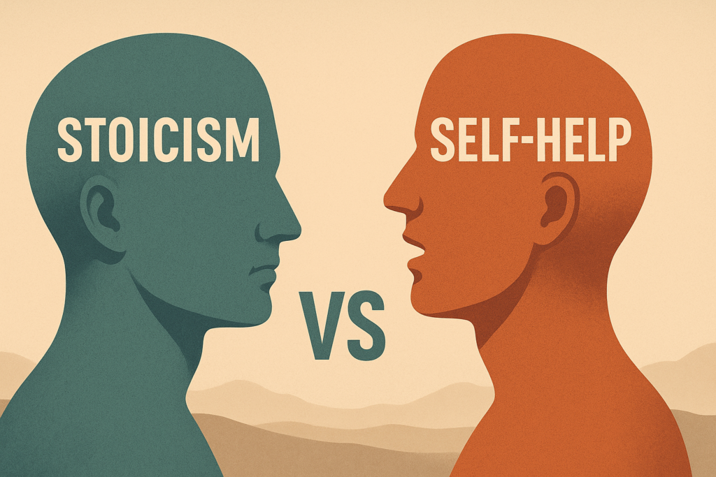 A stylized digital illustration showing two abstract human head profiles facing each other, one in teal labeled “Stoicism” and the other in burnt orange labeled “Self-Help,” with a large “VS” between them against a minimal desert-like background, symbolizing the contrast between the two philosophies.