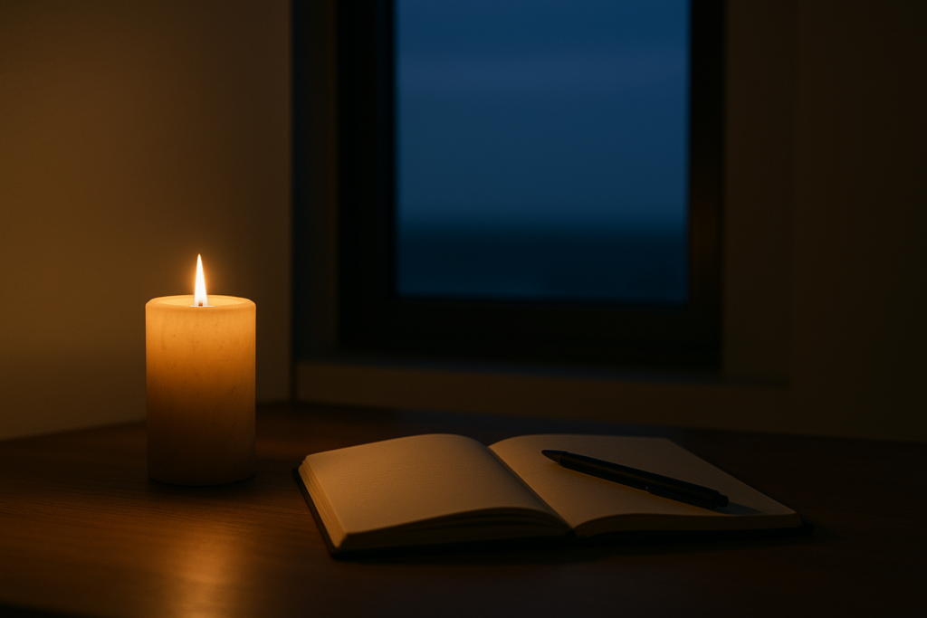 Minimalist evening scene with a lit candle beside an open notebook and pen on a wooden table, softly illuminated against a dark window at twilight.