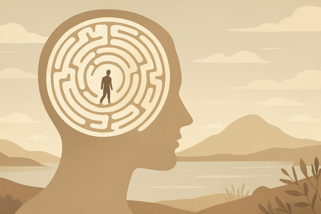 A minimalist, photorealistic illustration of a human head silhouette containing a maze-like brain pattern, with a small figure standing at its center, set against a calm landscape of mountains, water, and soft sky tones symbolizing Stoic mind training and inner clarity.
